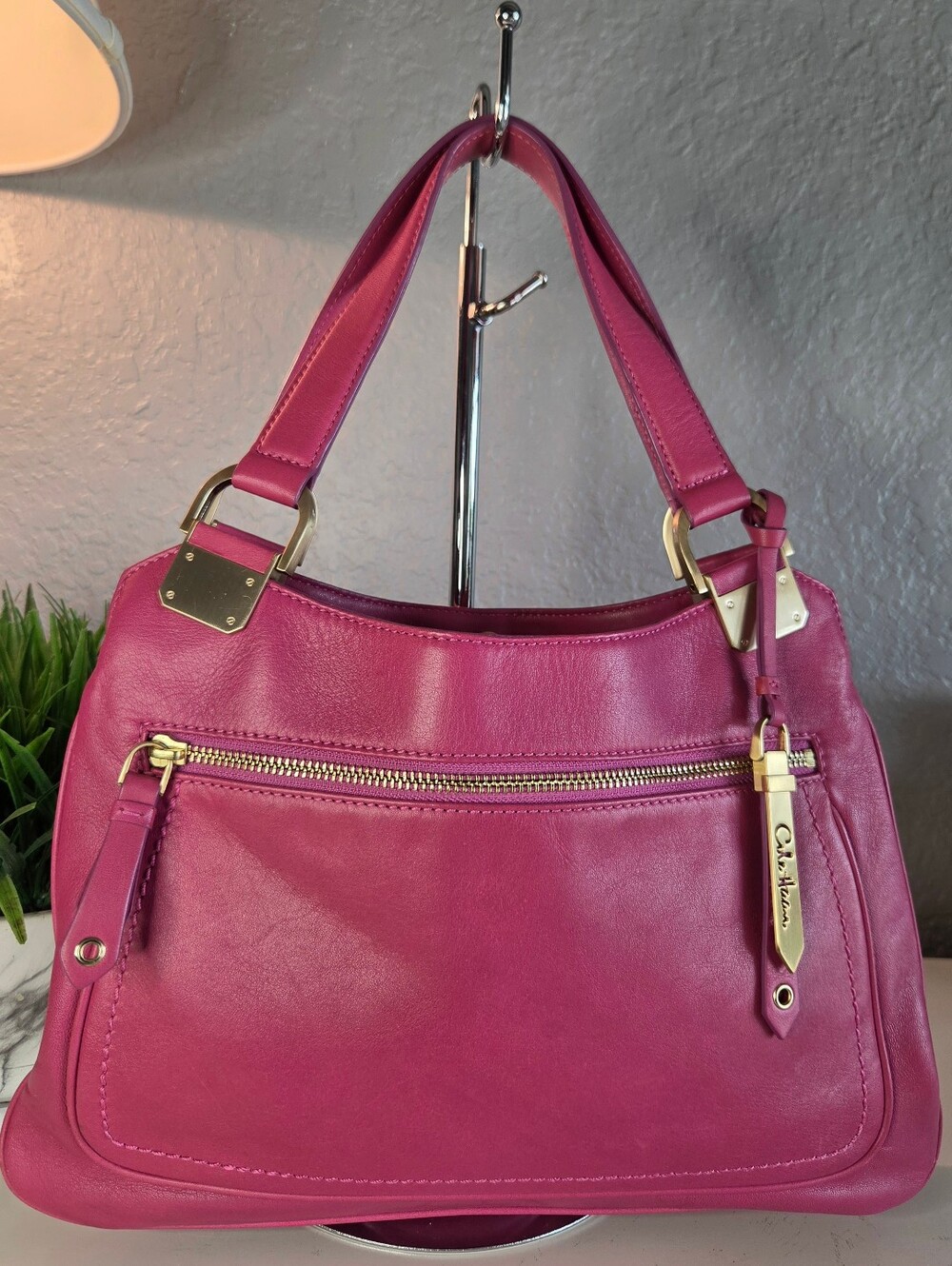 Cole Haan Raspberry Pink Leather Shoulder Bag Hobo Gold Hardware